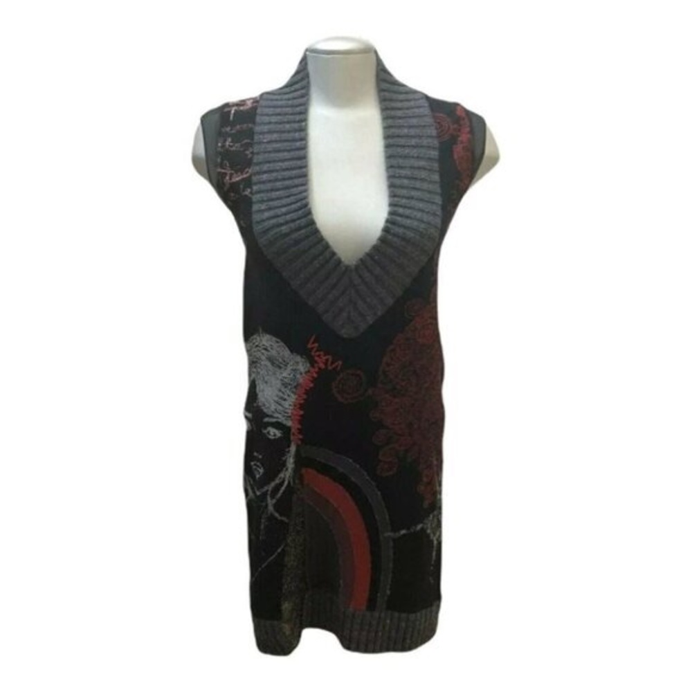 Desigual Dress V-Neck Sleeveless  Art Abstract Face Metallic